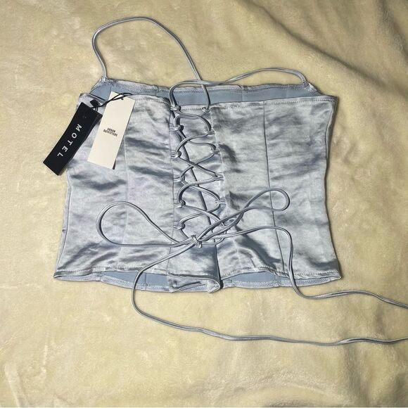 NWT Motel Rocks Light Blue Corset Pleated Satin Camisole Powder Blue Cosey Top - Picture 4 of 7